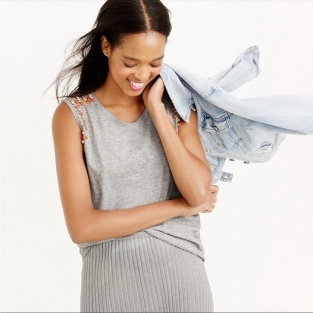 J. CREW • GREY ORANGE BEADED JEWELED EMBELLISHED MUSCLE TANK TOP